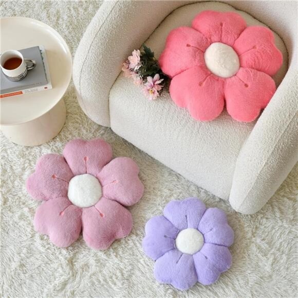 Flower Shaped Pillow, Cute Decorative Throw Pillow with Soft Artificial Fur - Picture 3 of 7